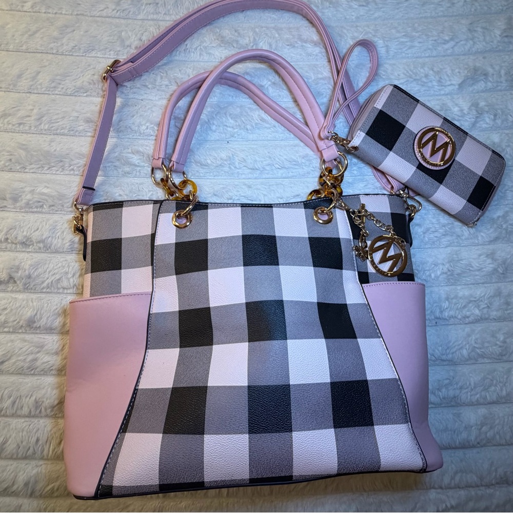 Elegant Checkered Pink and Black Shoulder Bag & Wallet